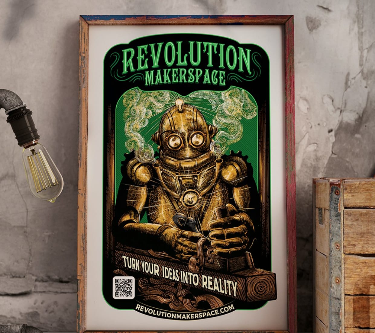 Print poster design of an illustrated steampunk robot for a networking group