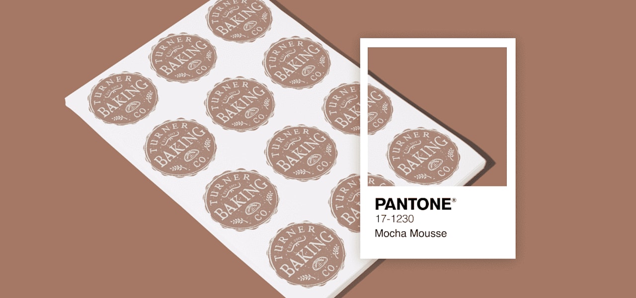 Pantone color of the year 'Mocha Mousse' background with branded stickers featuring stylized logos and text.