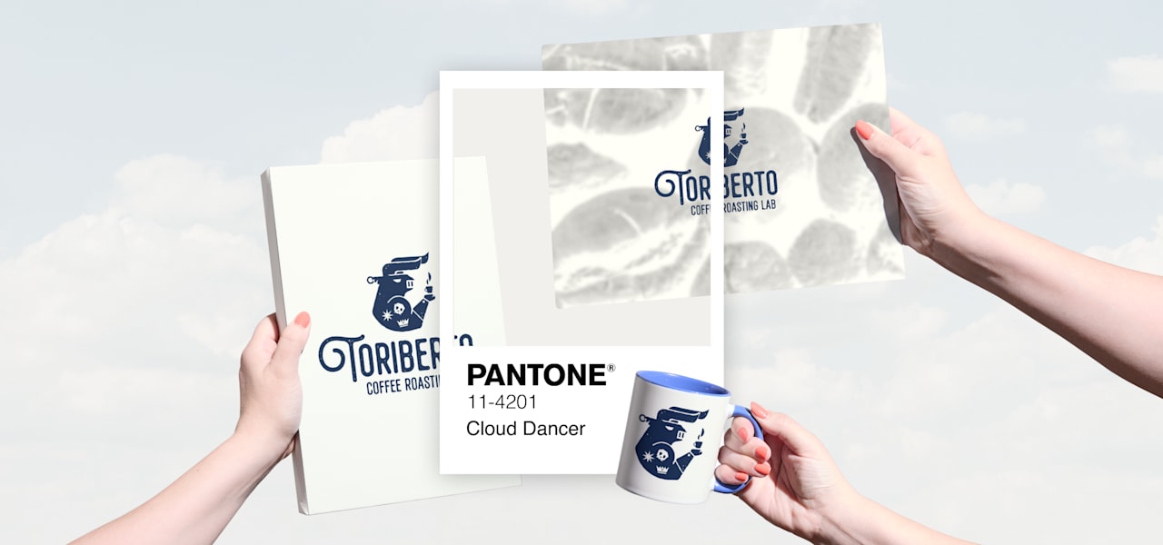 Branded packaging and mug in Pantone 11-4201 Cloud Dancer, held against a cloudy sky background