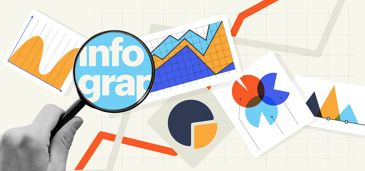 Illustration colorée montrant des graphiques circulaires, des diagrammes et une loupe focalisée sur le mot “infographie”.