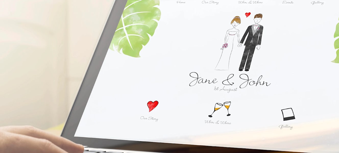 Laptop screen showing a wedding website with illustrated bride and groom, tropical leaves, and navigation icons.