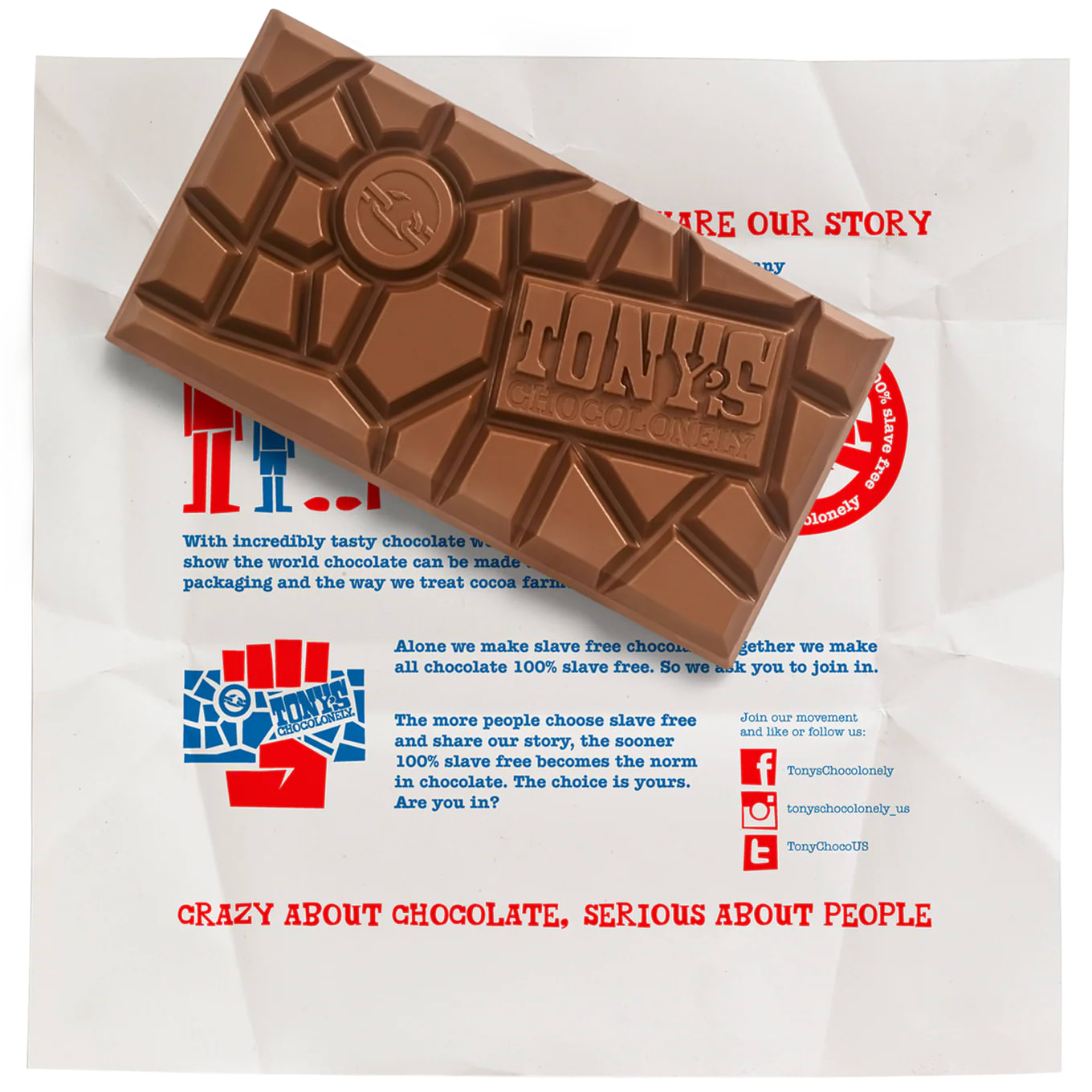 The inside of Tony&rsquo;s Chocolonely packaging includes a narrative-led story that highlights their core values and mission.
