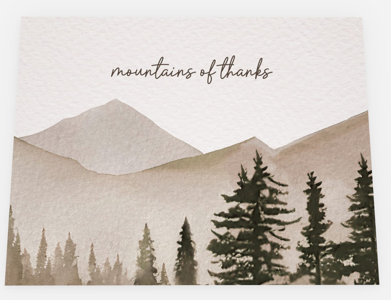 Rustic watercolor thank you card that reads &ldquo;mountains of thanks&rdquo;