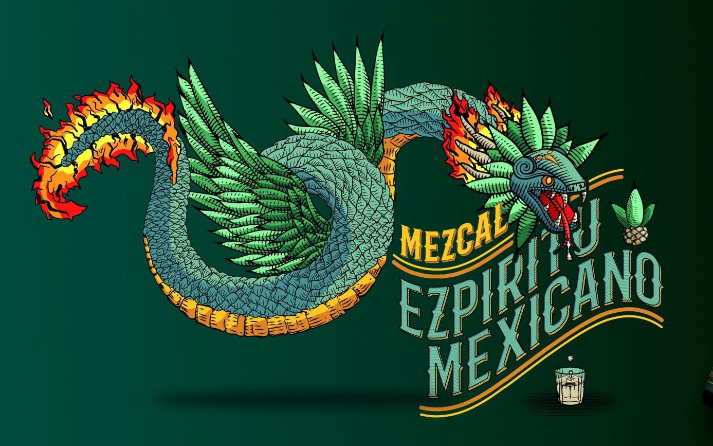 Schriftartdesign mit geschwungener Grundlinie im Vintage-Stil für das Label einer Mezcal-Flasche