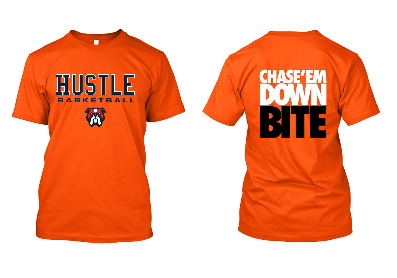 orange t-shirt with black and white text