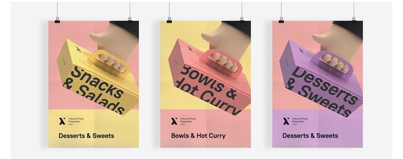 Colorful food packaging and poster designs featuring oversized bold typography, showcasing a modern brand identity system applied across takeaway boxes and promotional materials.