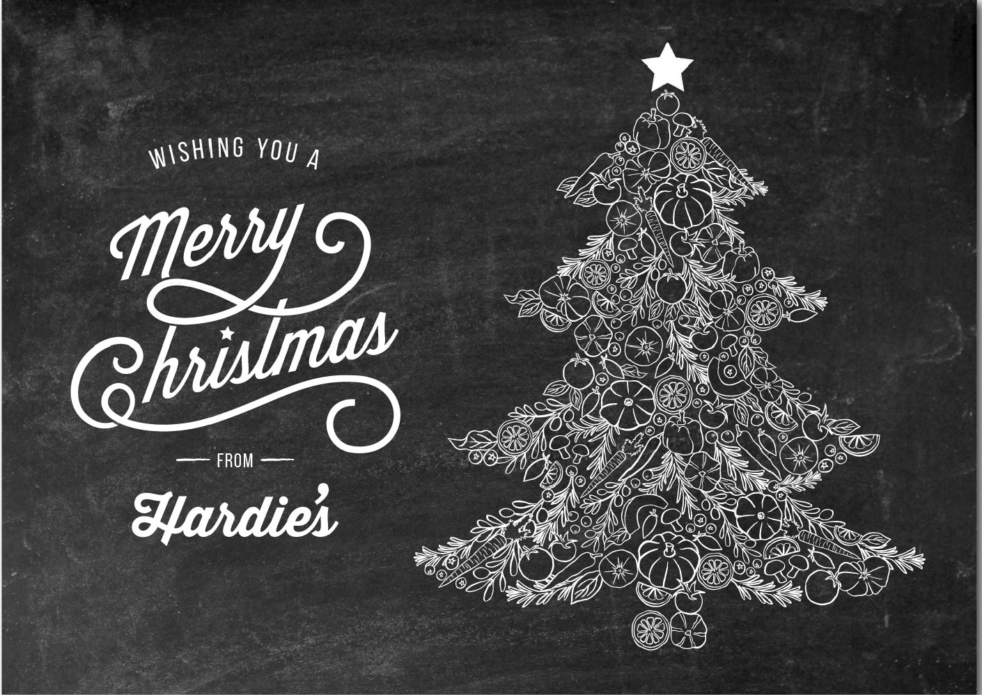 Custom holiday cards: a christmas tree made of fresh food
