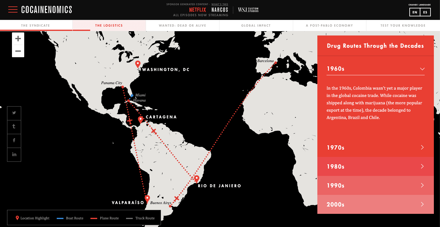 Carte interactive de Netflix et du Wall Street Journal sur l'histoire du trafic de drogue pour Narcos
