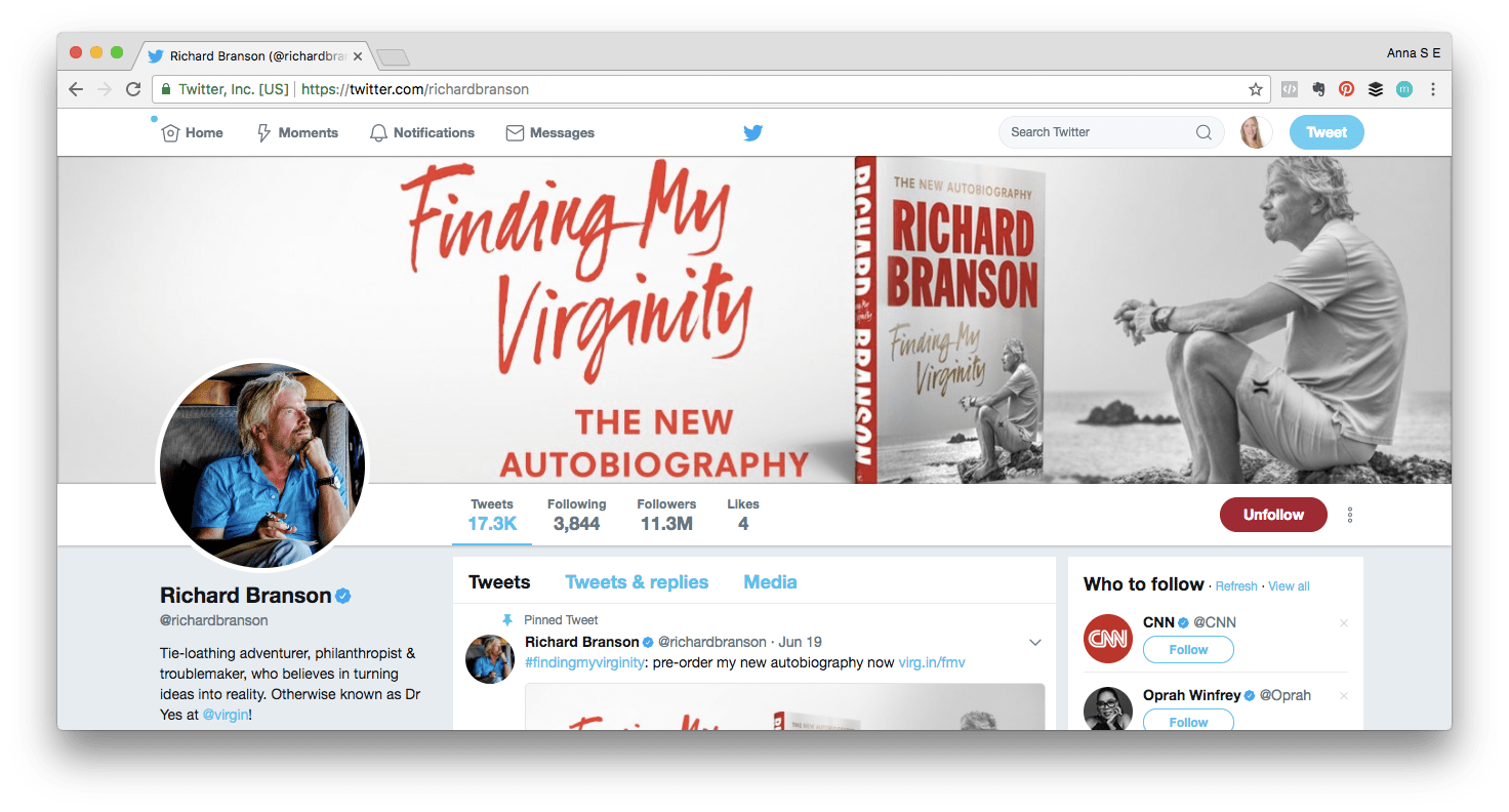 Personal brand example: Screen shot of Richard Branson&rsquo;s Twitter profile