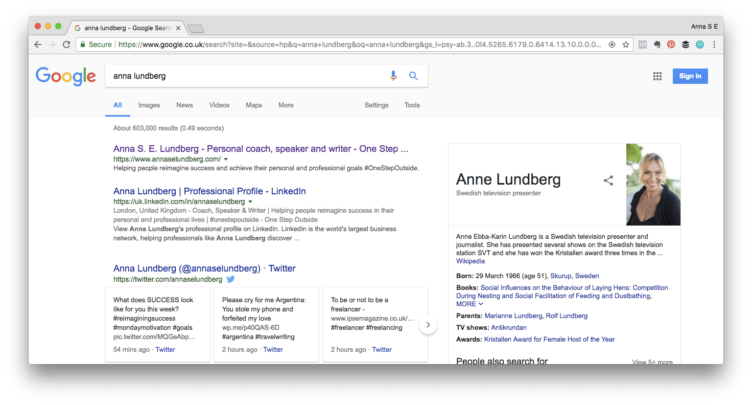 Personal brand example: A google search for anna lundberg