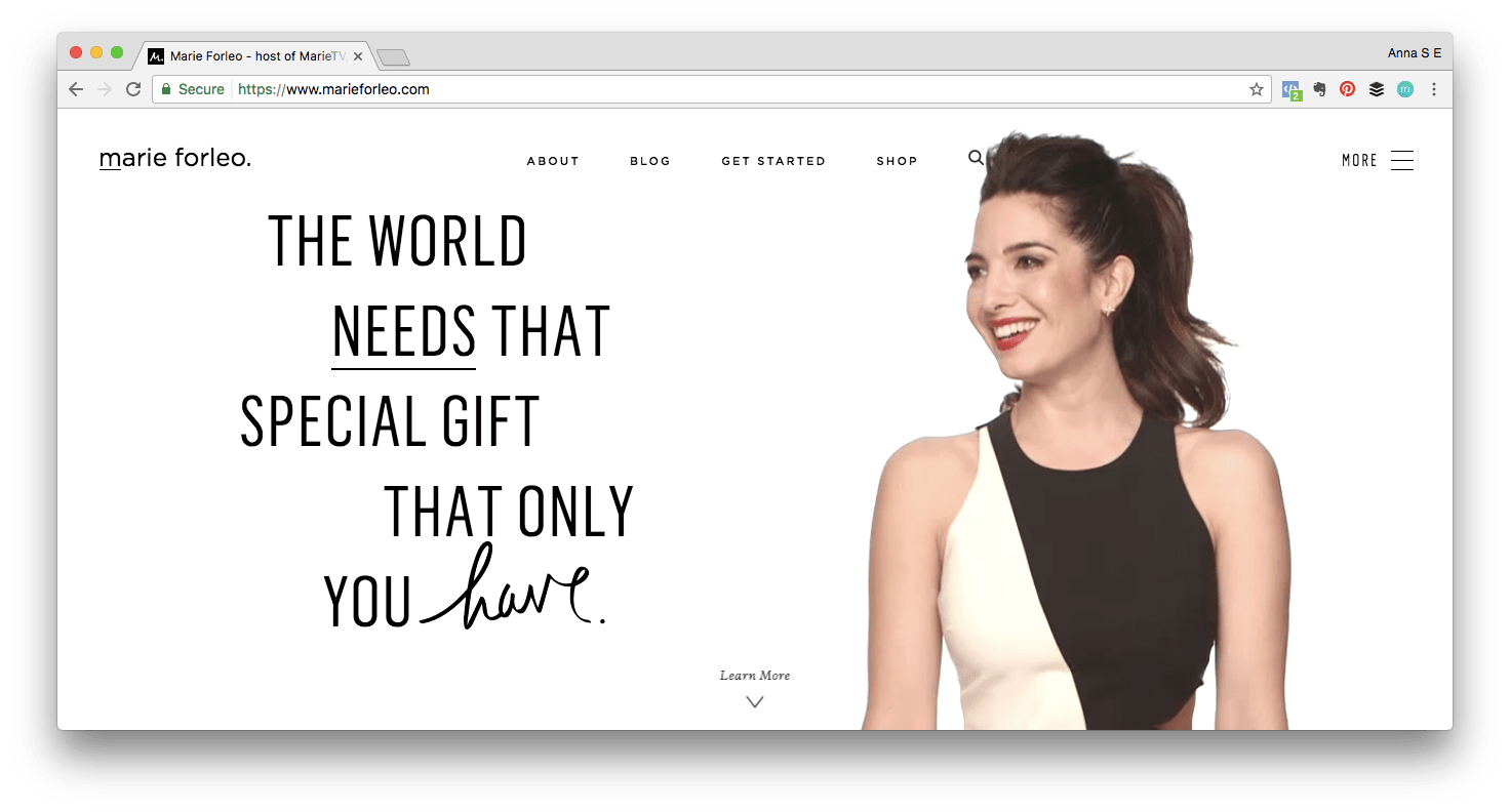 Personal brand example: Screen shot of Marie Forleo website