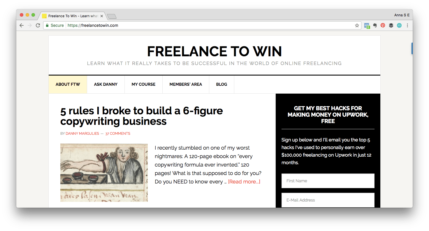 Personal brand example: Screen shot of Freelance to Win website