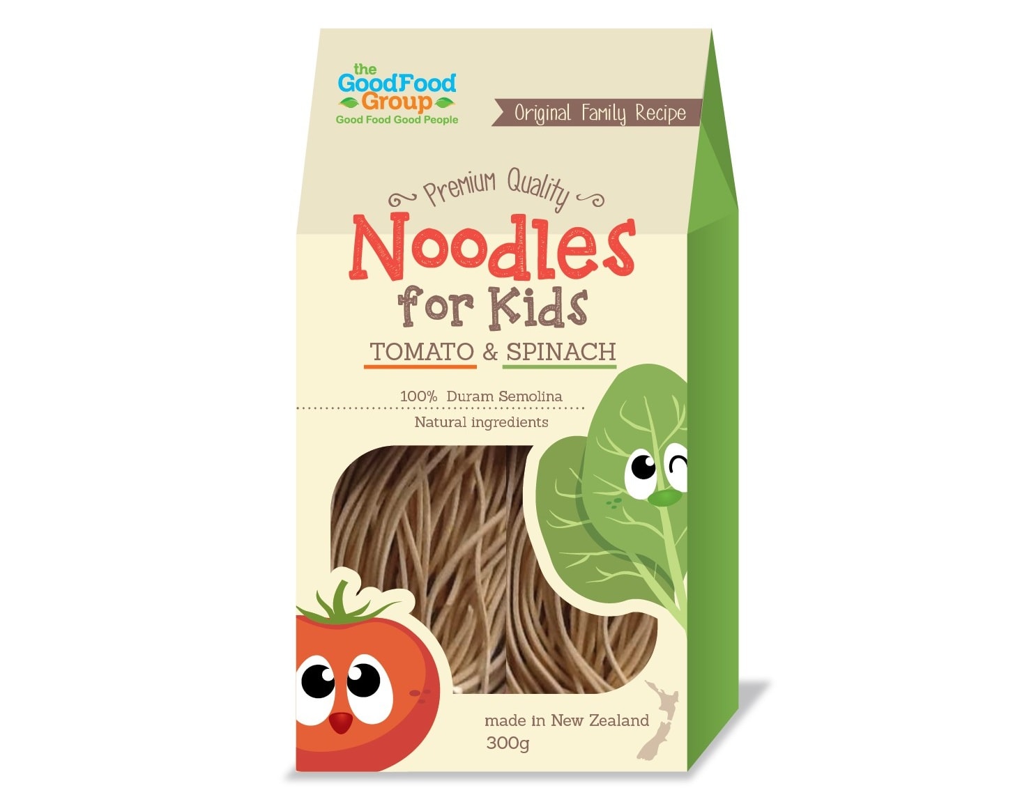Emballage de Noodles for Kids illustr&eacute; par une tomate et des &eacute;pinards
