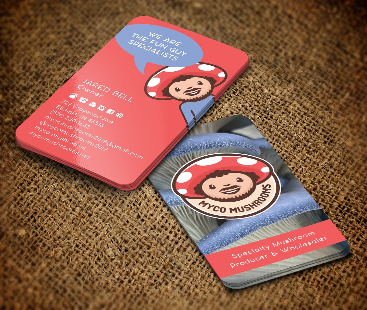 Red and blue business card design for a food brand
