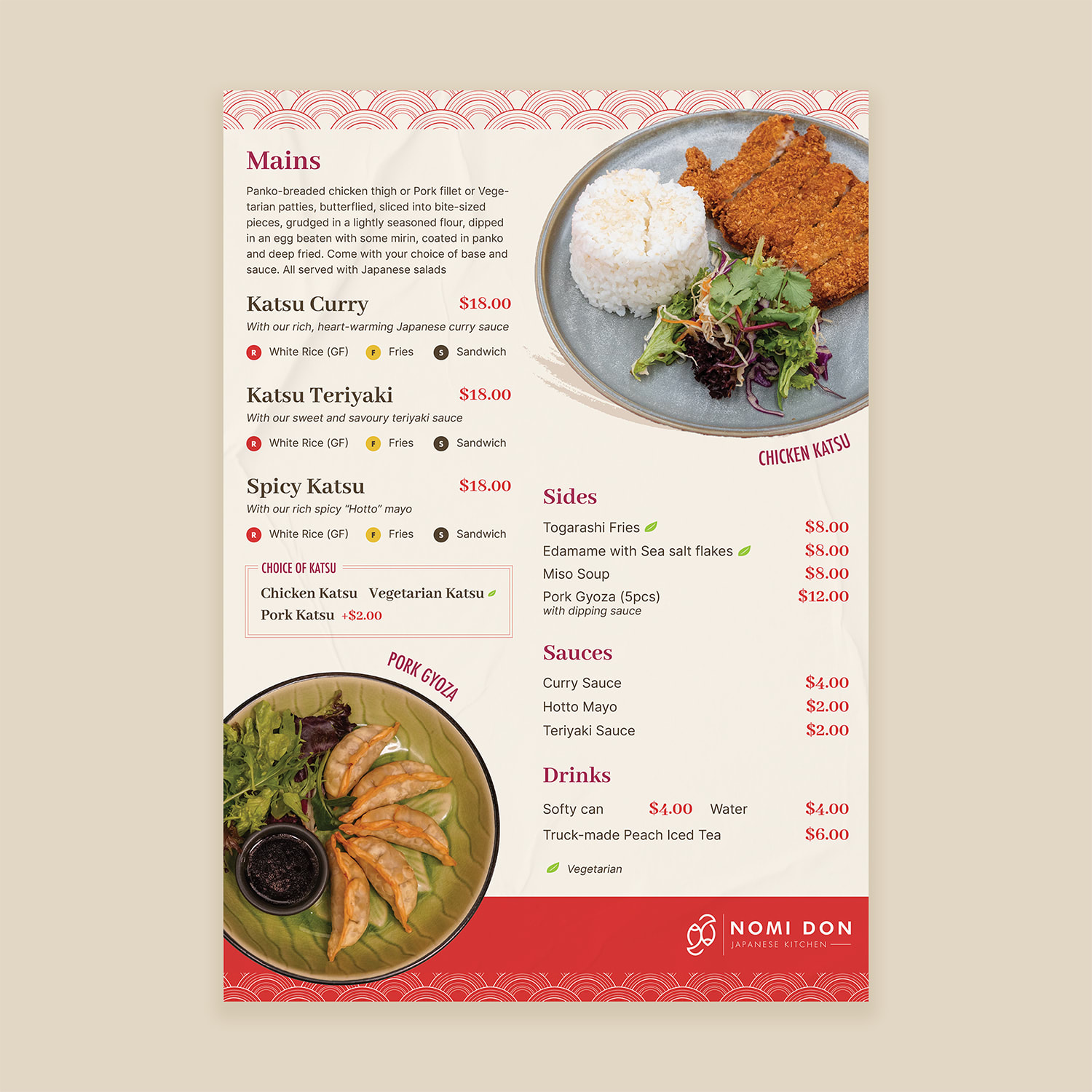 Modèle de menu pour un food truck japonais combinant du texte et des photos des plats.