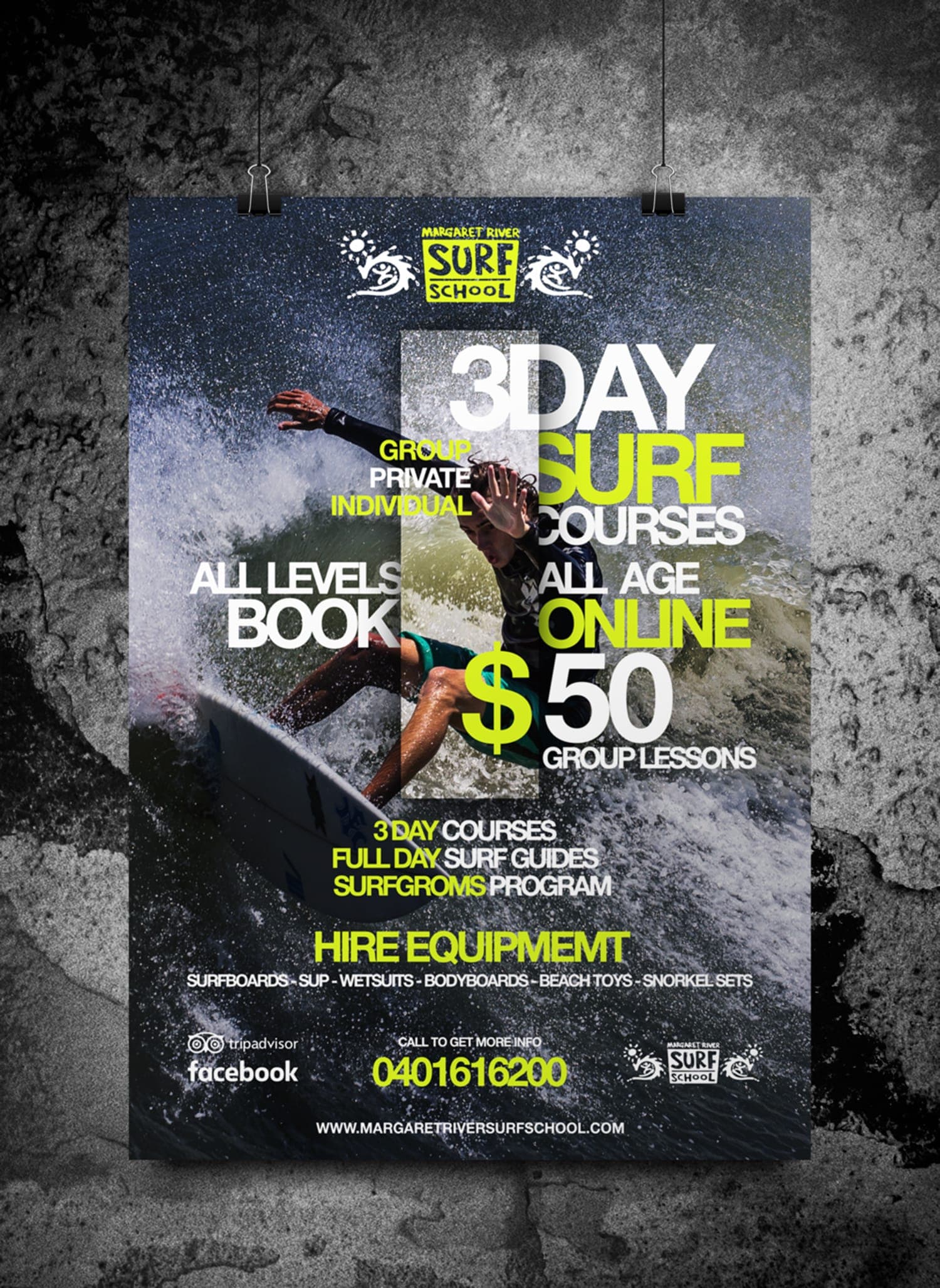 Action-packed poster design for a surf school