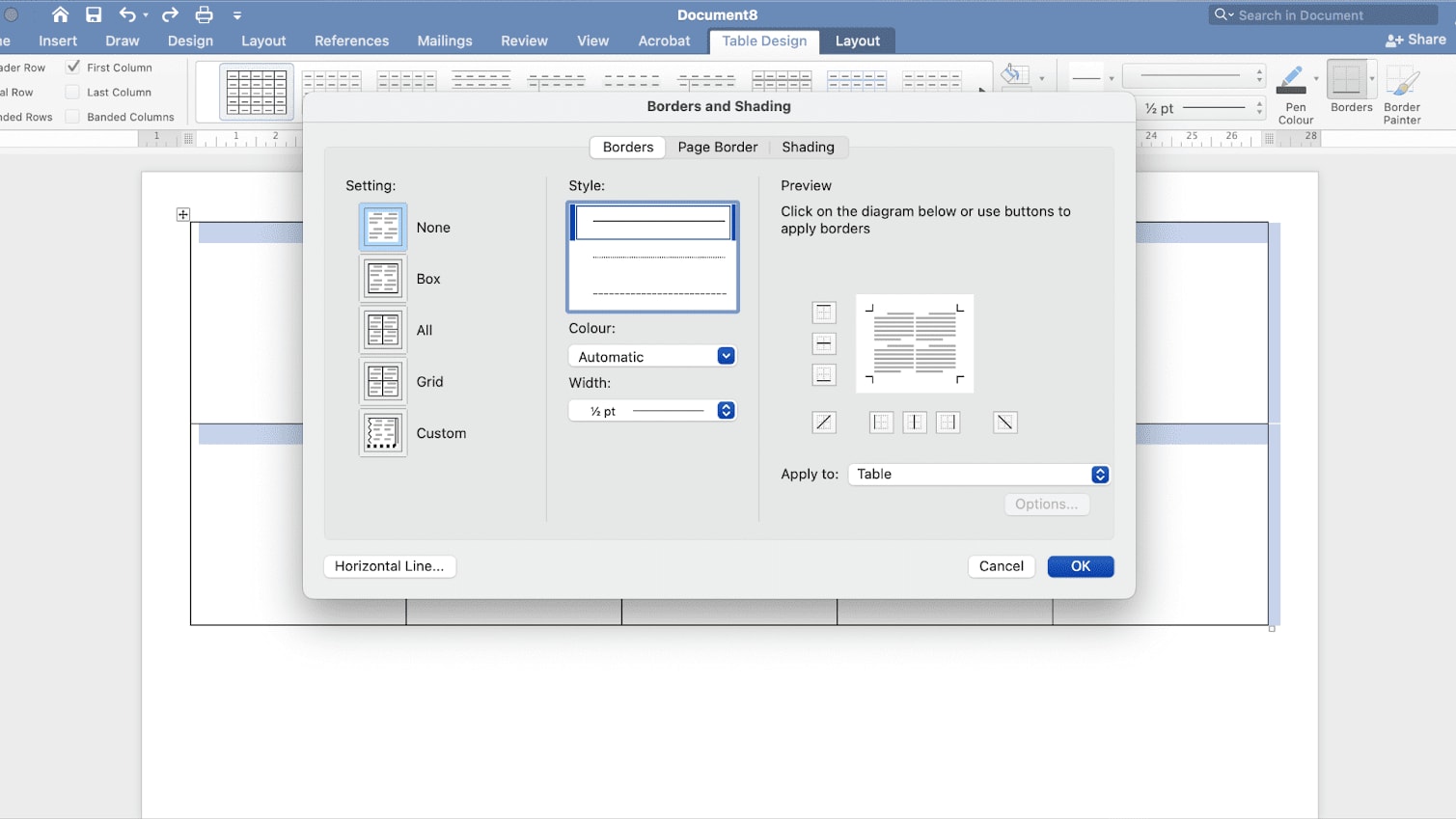 Removing borders on Word to set up how to make business cards.