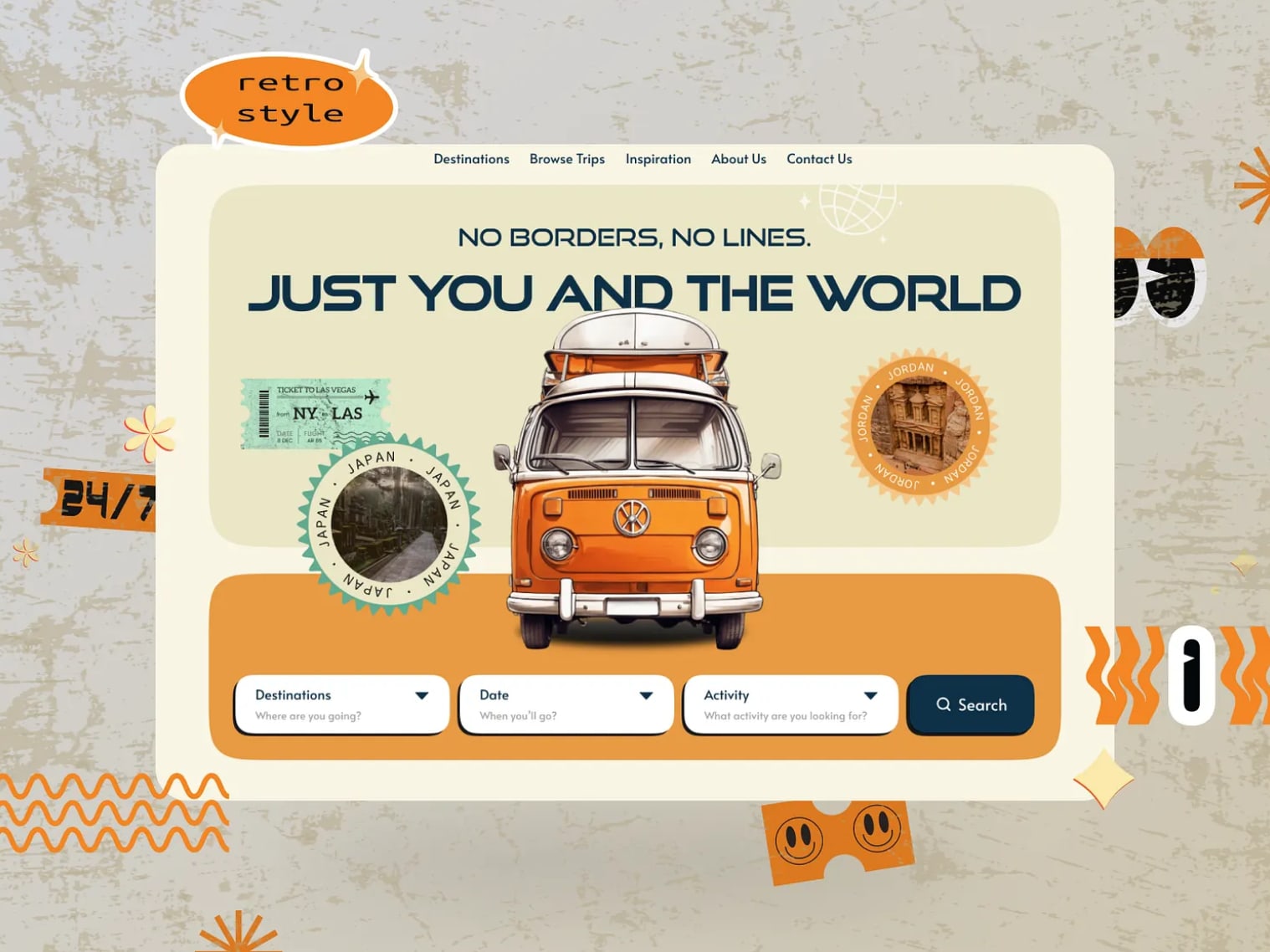 Site web mettant en avant la tendance de couleur Mandarine Disco comme accent visuel et dans une image de camping-car VW vintage