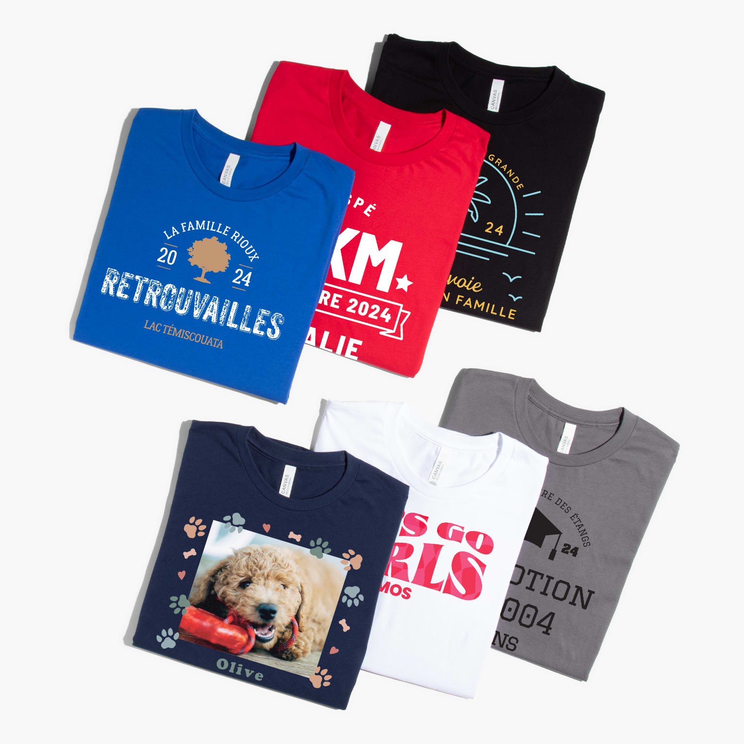 six custom T-shirts in various colors with different designs on them