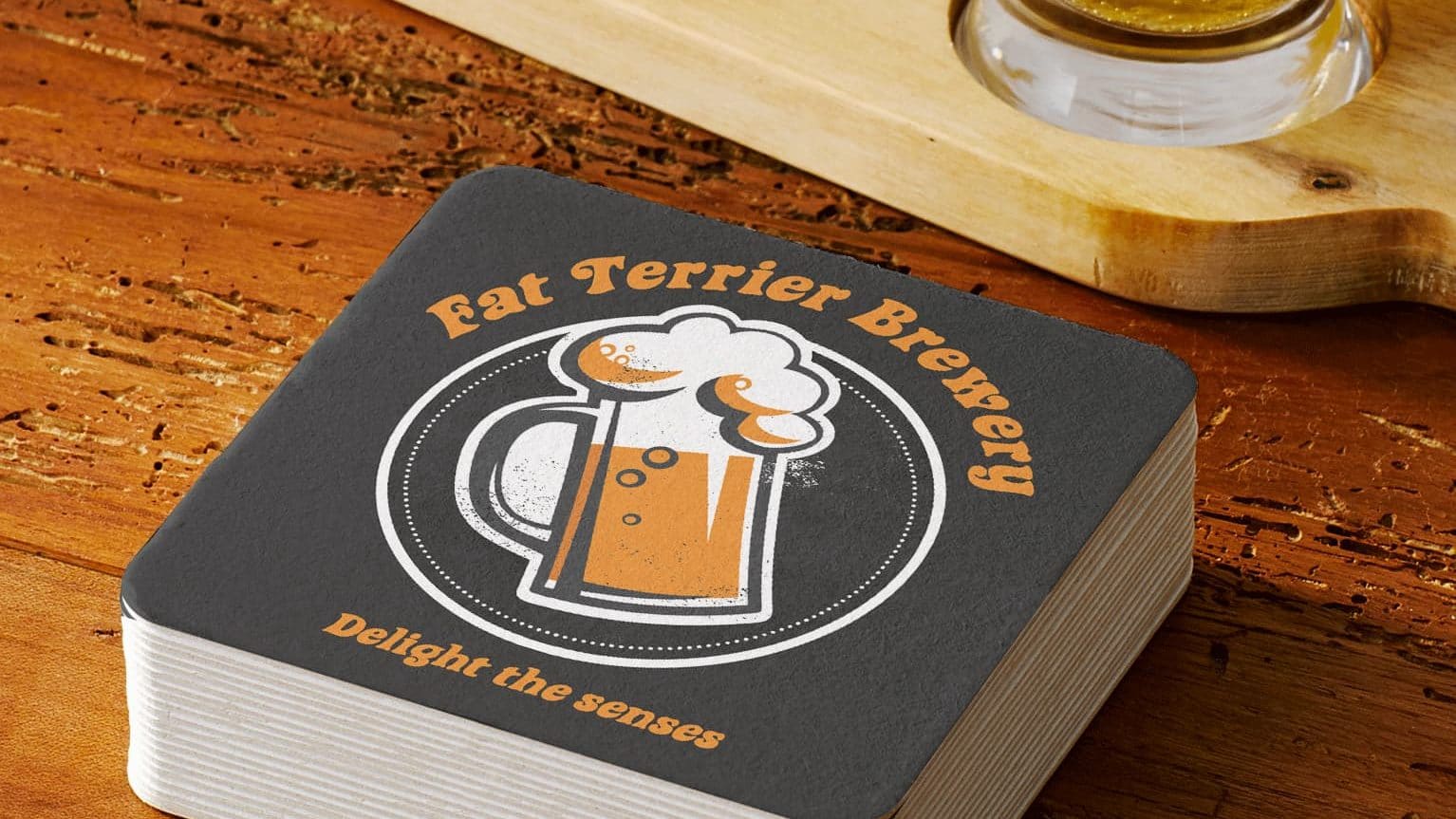 A stack of branded coasters for a brewery business