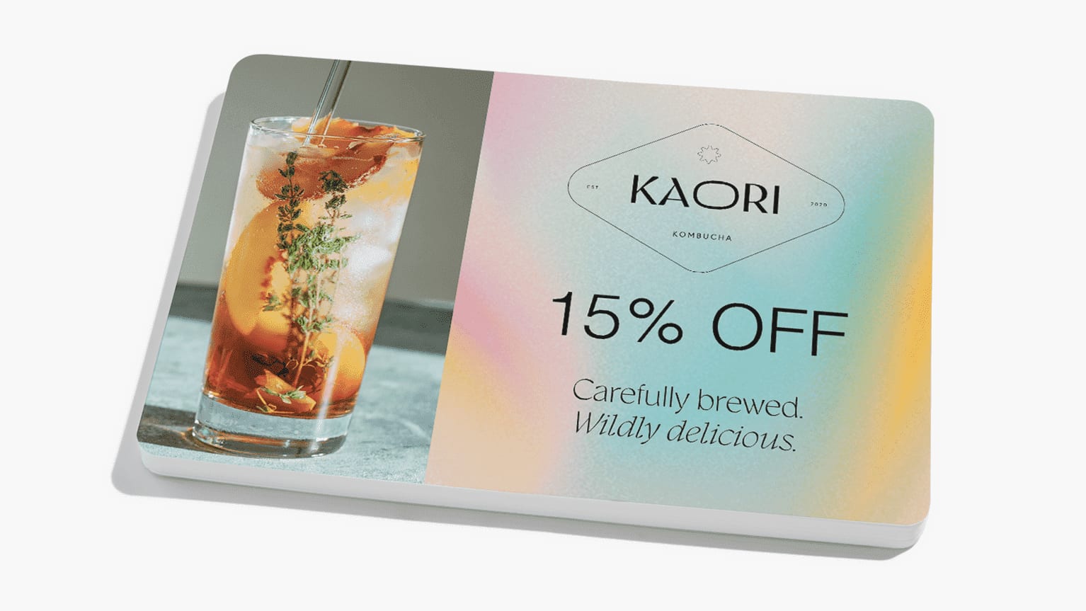 Postcard marketing for a kombucha brand with a promotional offer