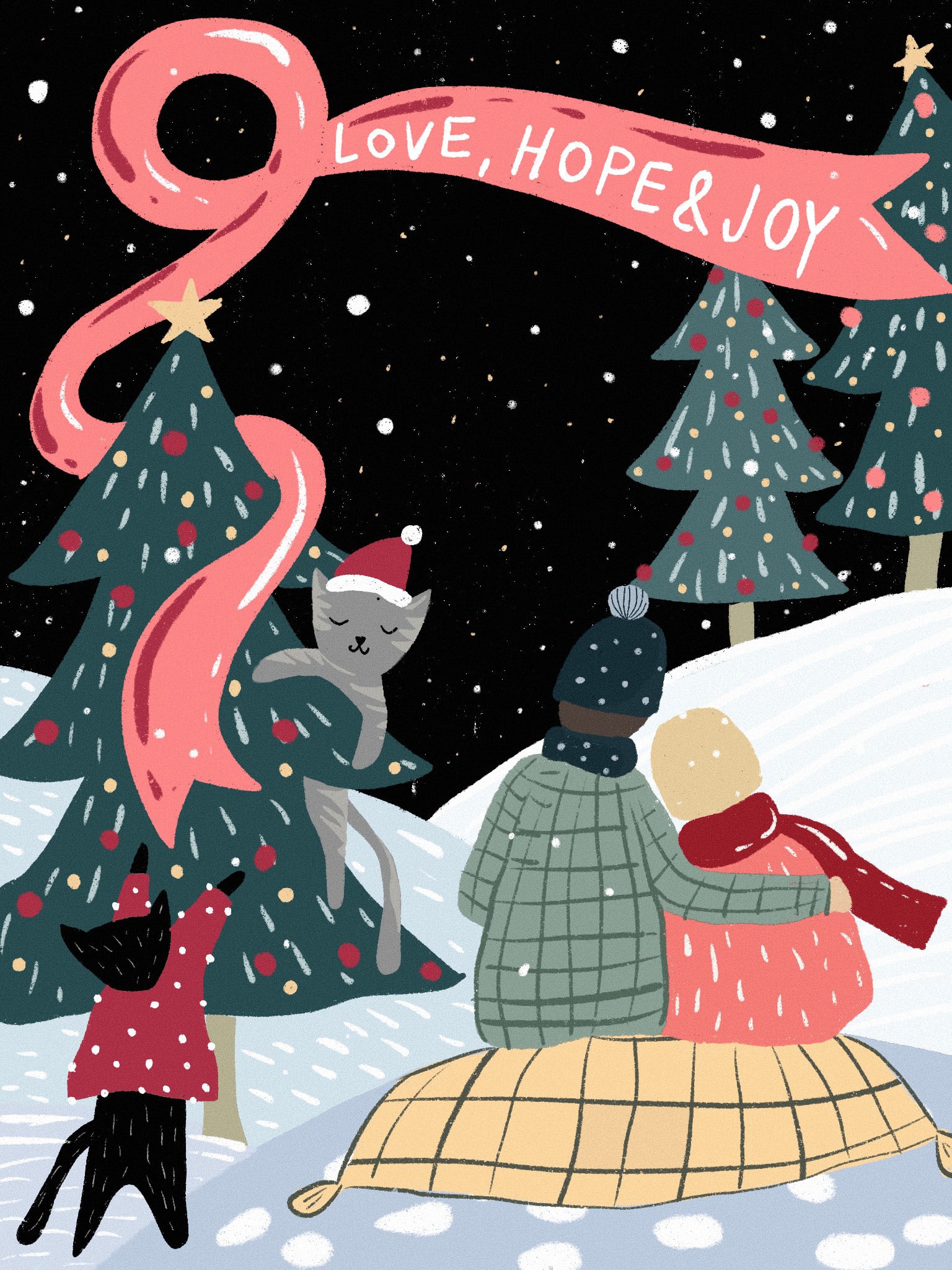 Illustrated holiday card with a winter scene and pets