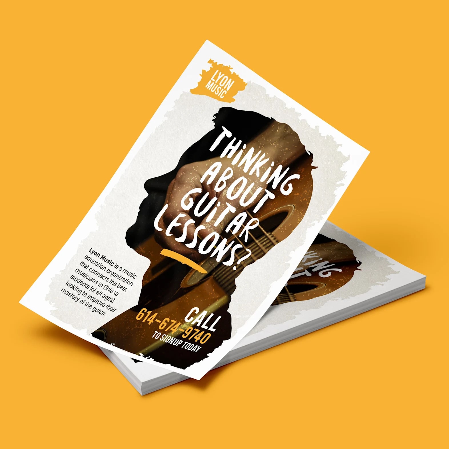 This flyer speaks to a defined audience (people who have been thinking about guitar lessons) with a clear message (we have the best musicians in Ohio) and a clear call to action (call now!).