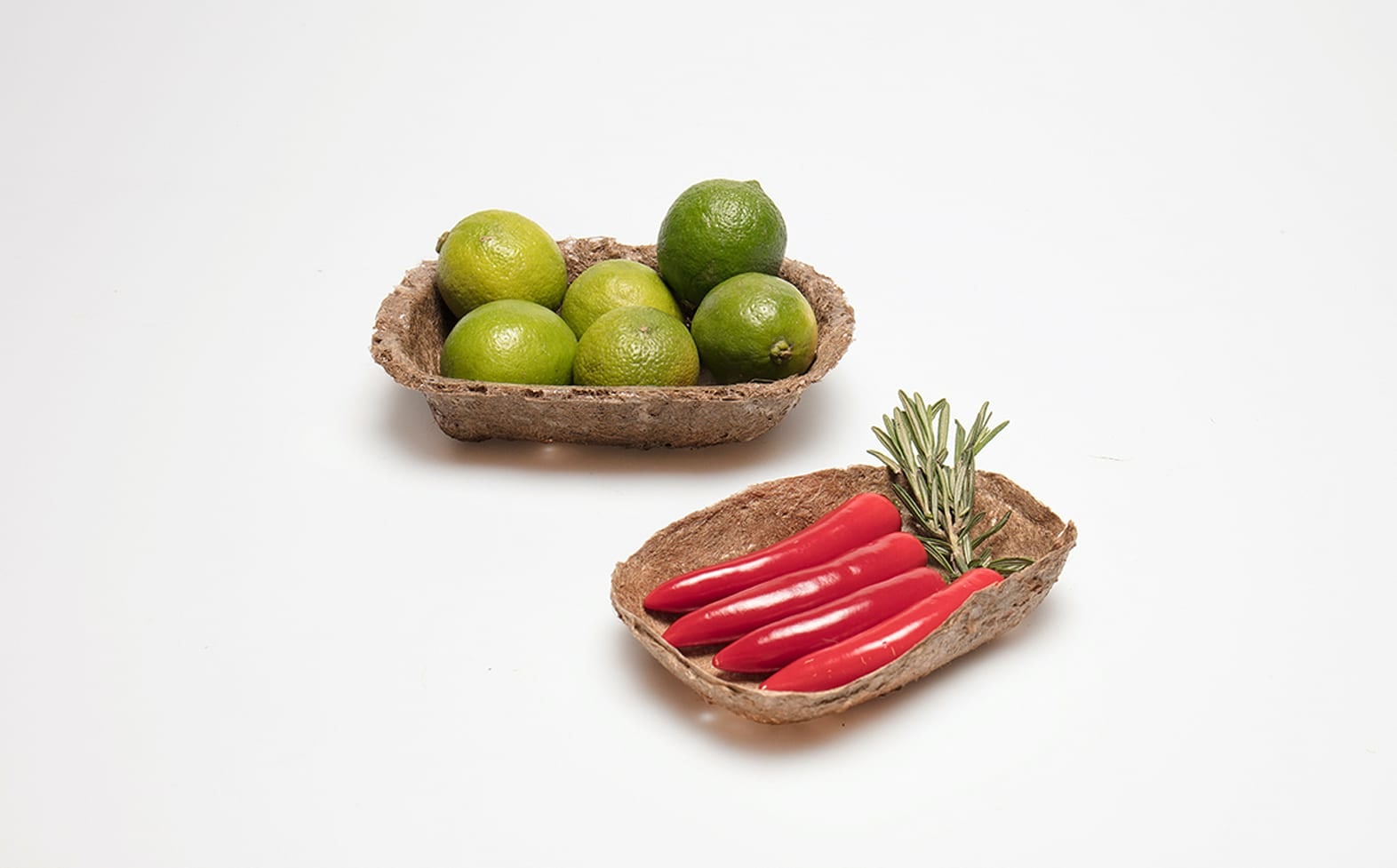 Fresh produce in eco-friendly biodegradable food baskets.