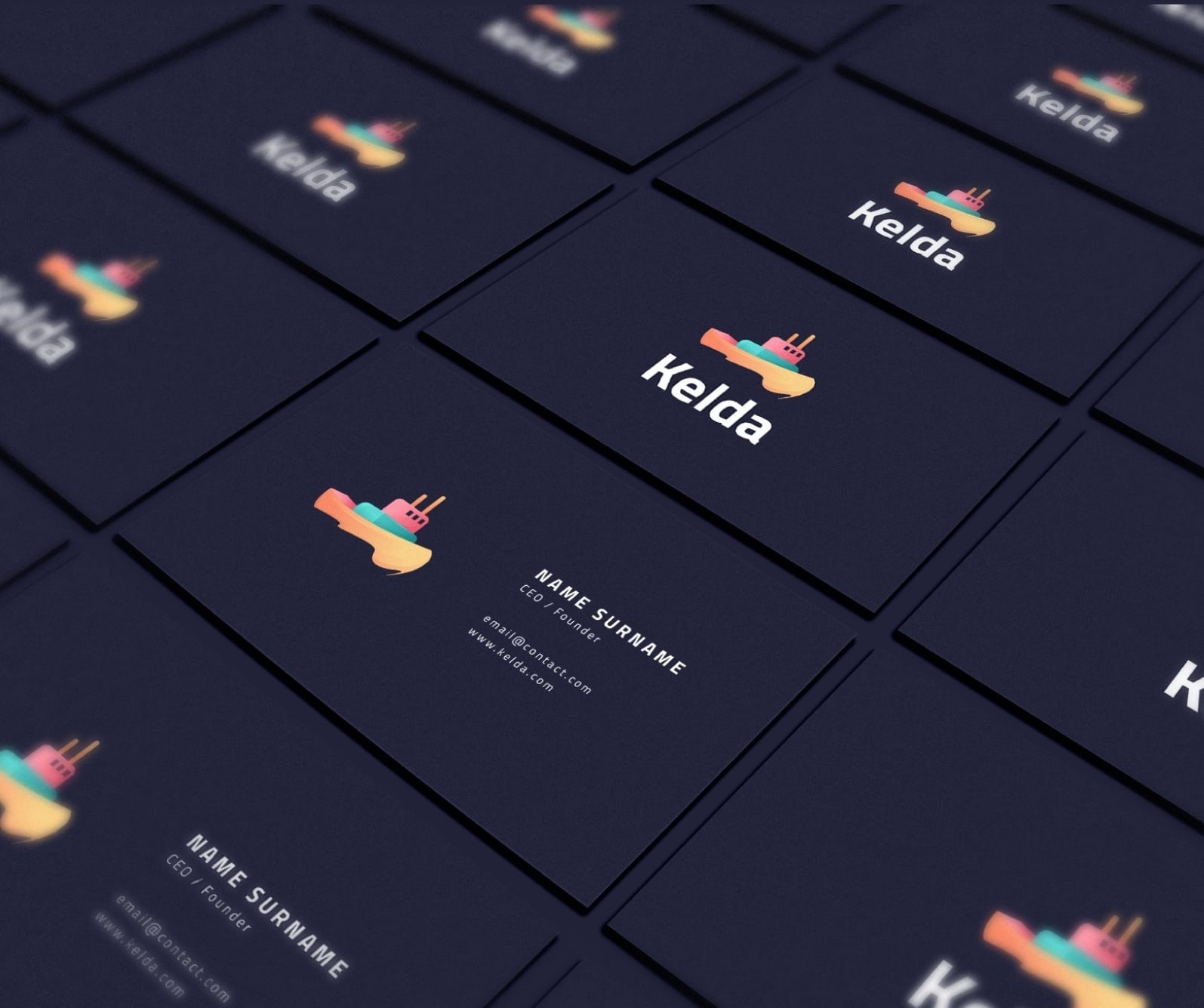 Kelda business card in navy blue with a colourful detail