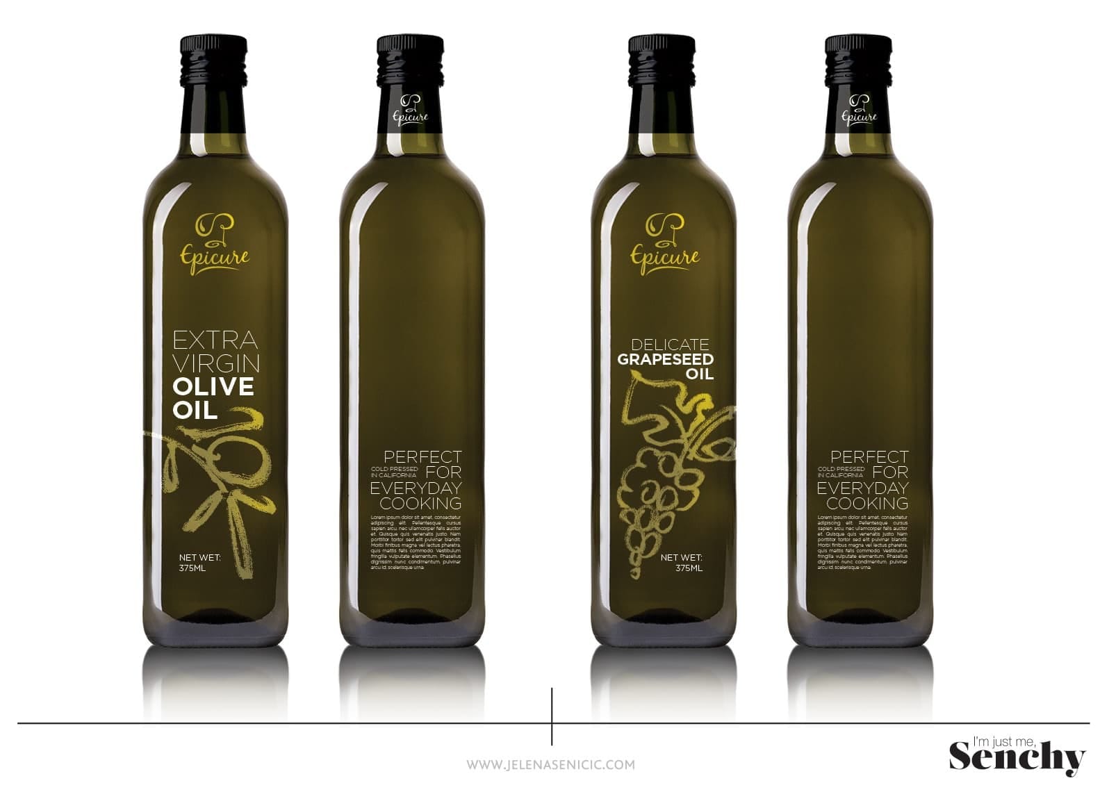 Packaging d'huile d'olive minimaliste avec un design d'étiquette transparent, permettant au produit lui-même de faire partie de l'identité visuelle grâce à une typographie épurée et une impression directe sur la bouteille.