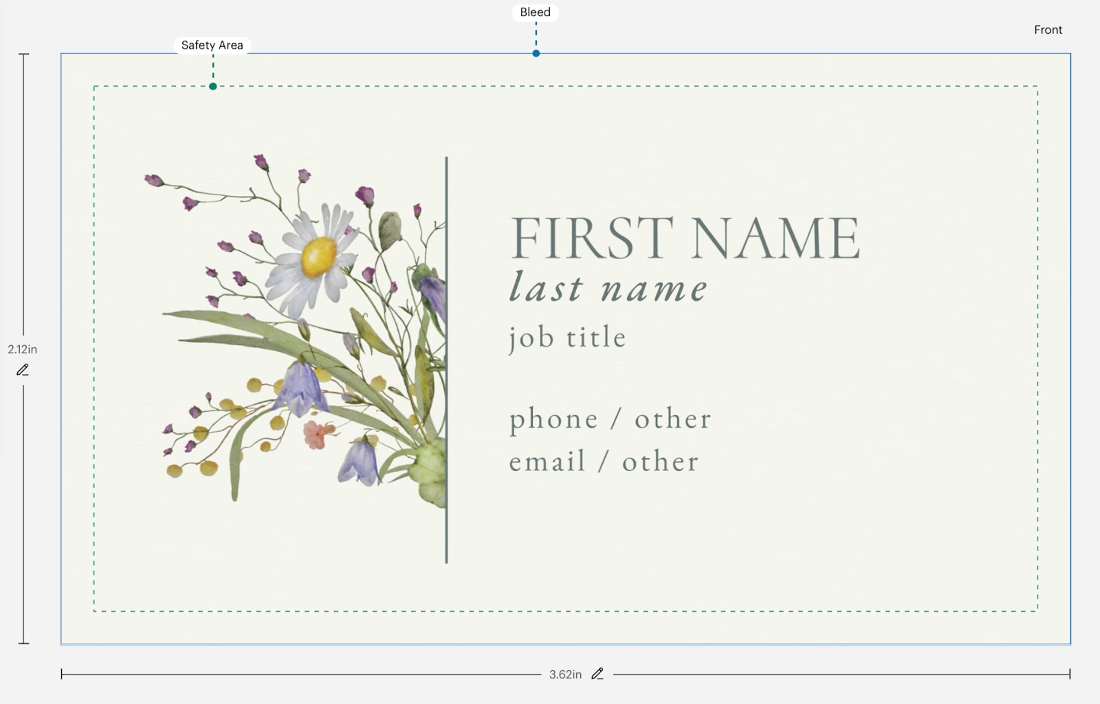 Bleed, trim and safety area outlined in the canvas of our business card design tool
