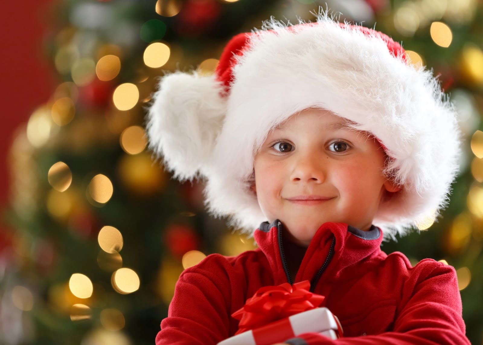 A little boy wearing a Christmas hat standing in front of a Christmas tree