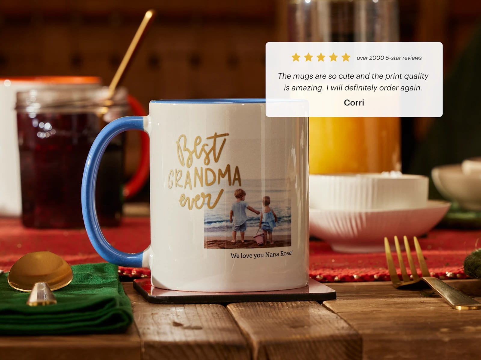 A custom mug with a review from a customer