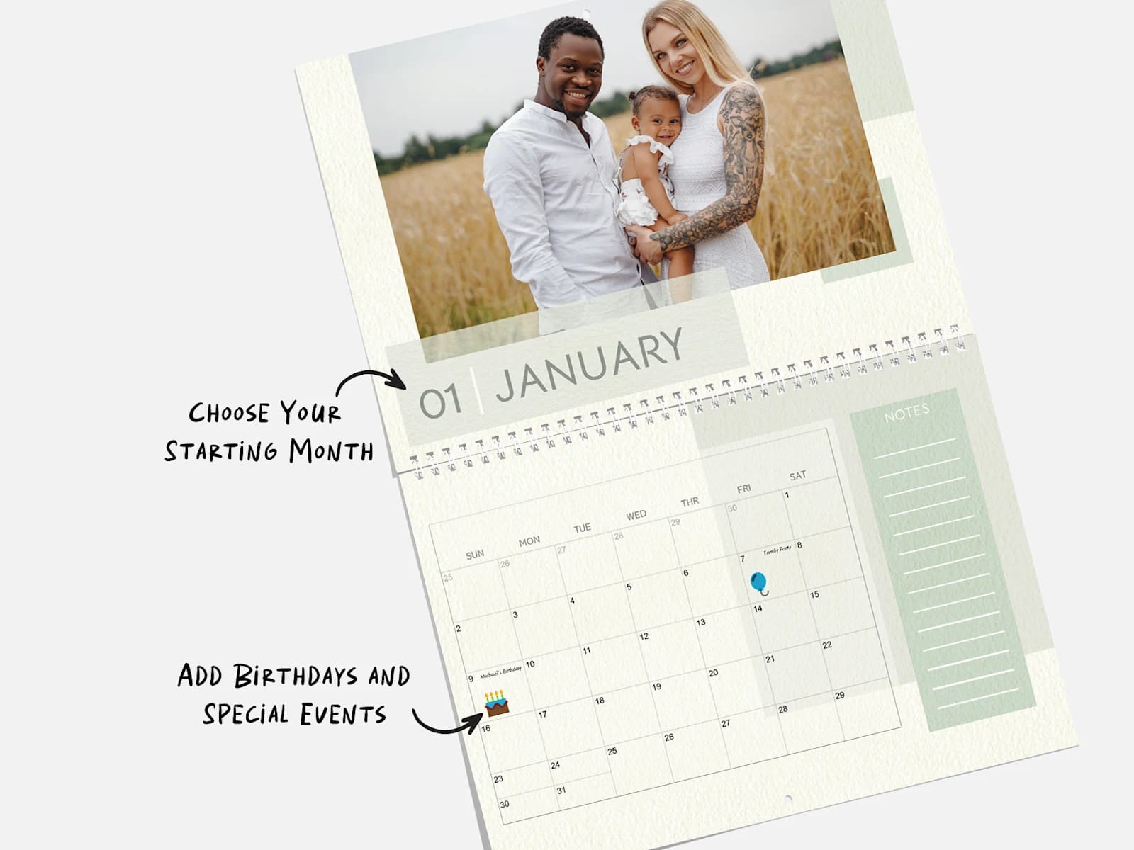 A custom wall calendar with family photos and important dates