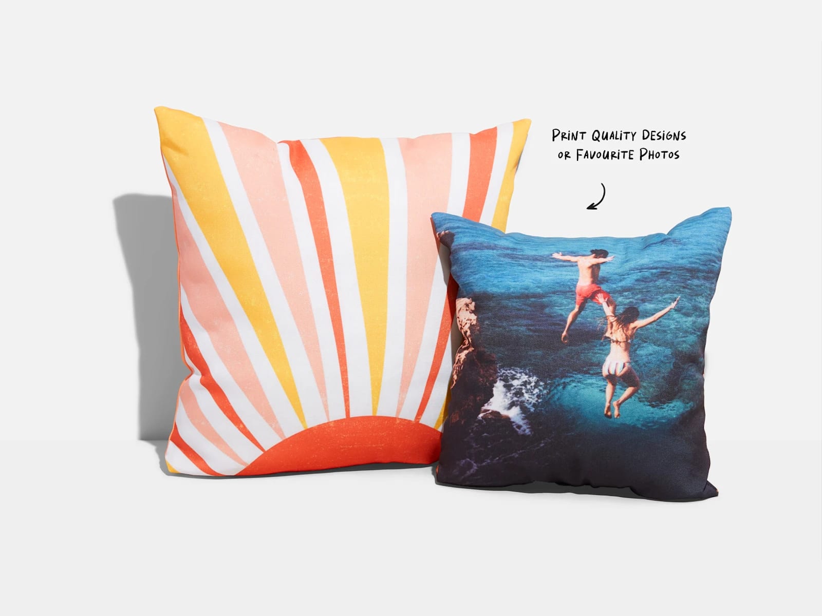 Customized pillow with a photo of two people jumping into the water