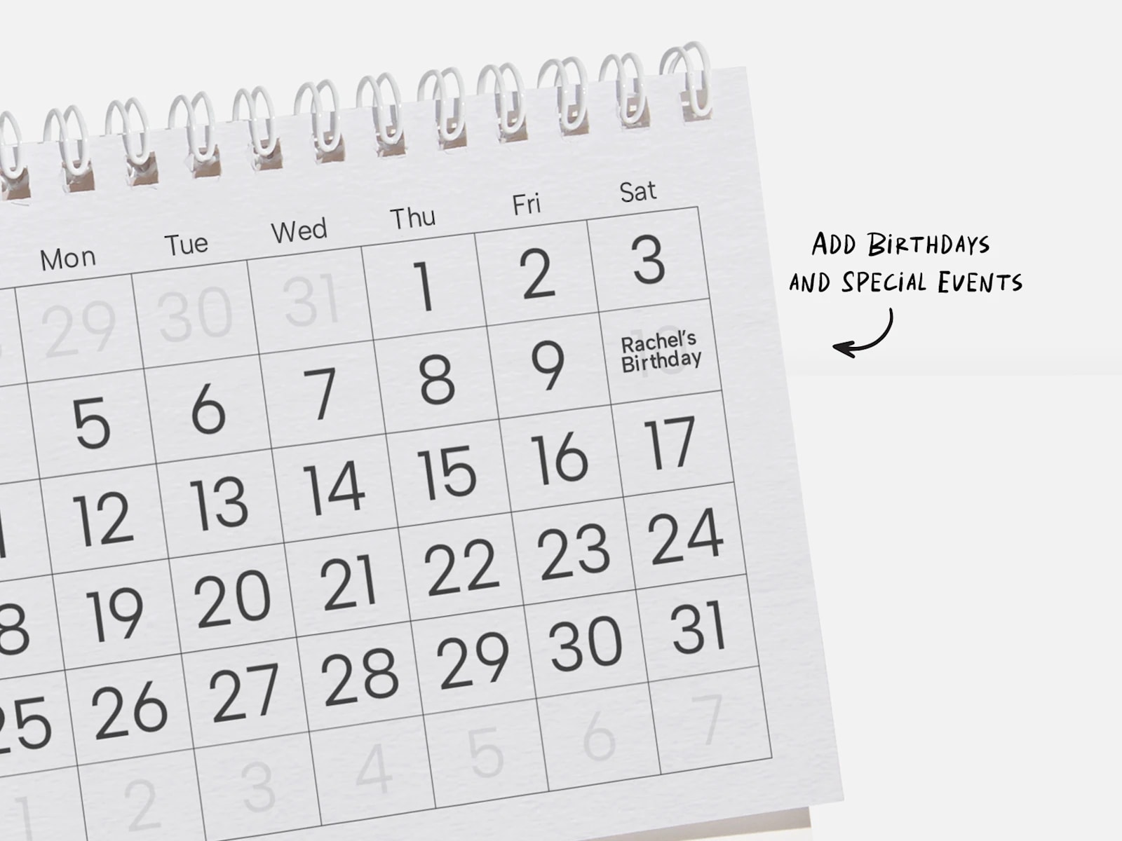 Custom desk calendar with special events marked