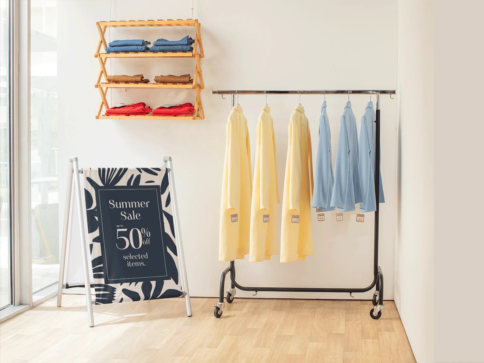 68.58 cm x 119.38 cm A-frame sign by a clothing selection.