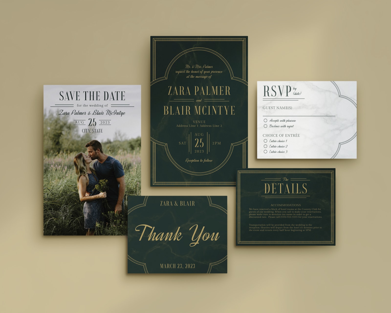 Art-deco wedding stationery including a wedding RSVP card