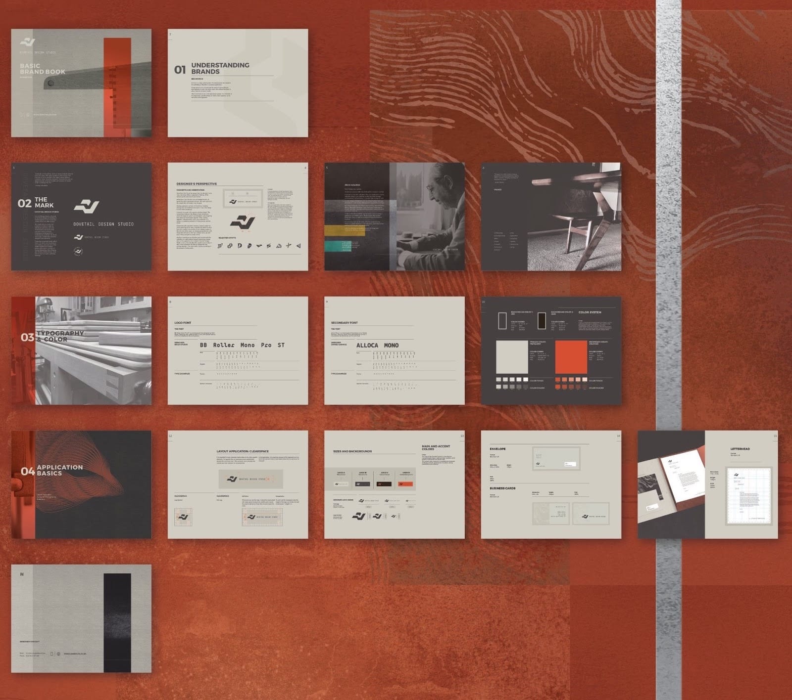 Guide de marque sur fond orange représentant l'identité visuelle d'une marque