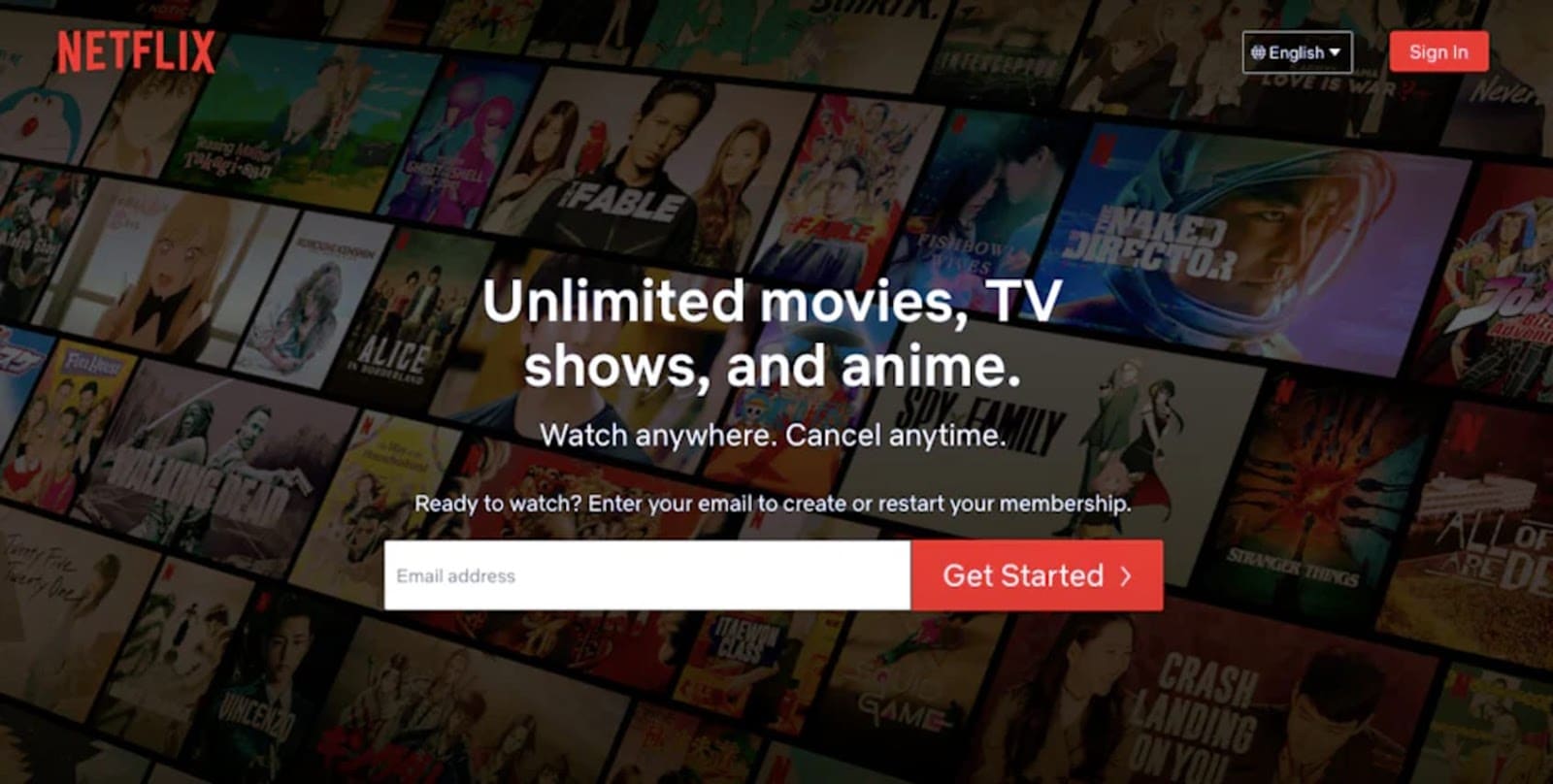 Netflix homepage with featured shows and sign-up prompt.