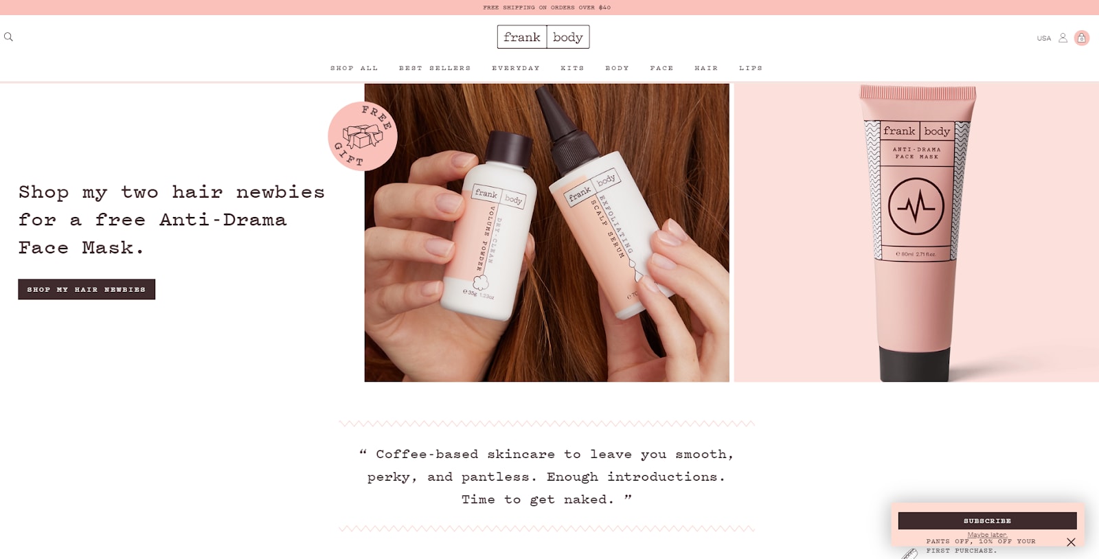 pink and white website with photos and brown text