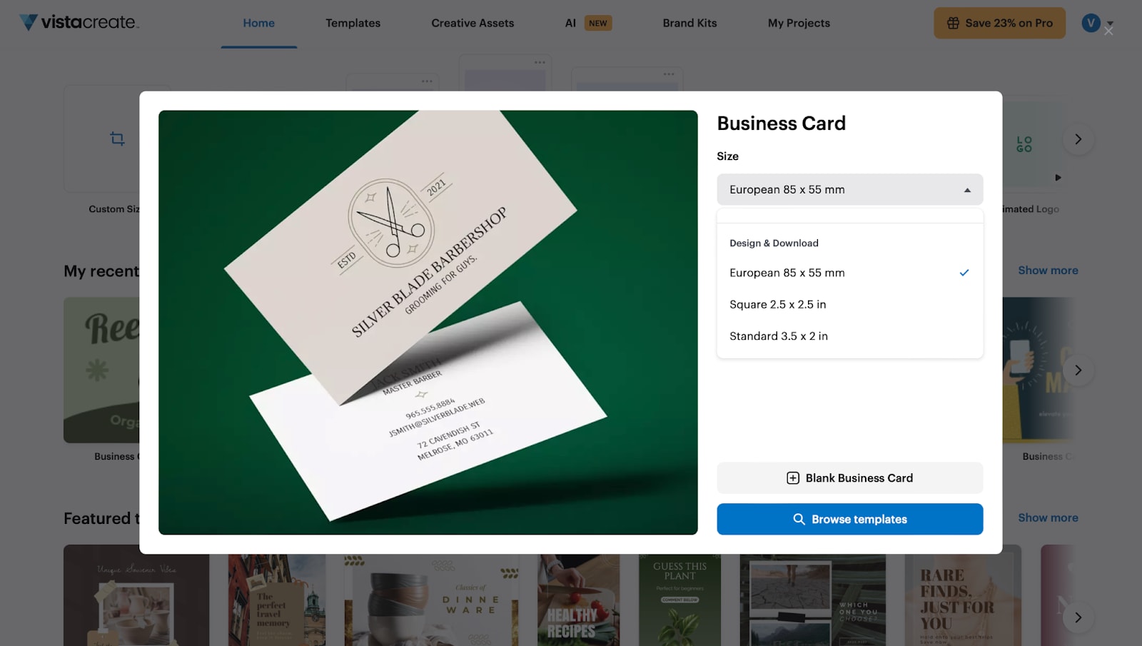 A screenshot of the VistaCreate business card popup with business card options &mdash;European, Square and Standard