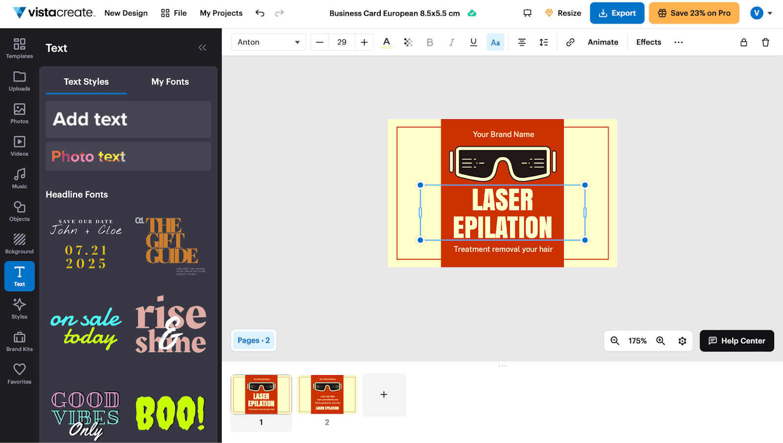 The interface of the VistaCreate business card design tool