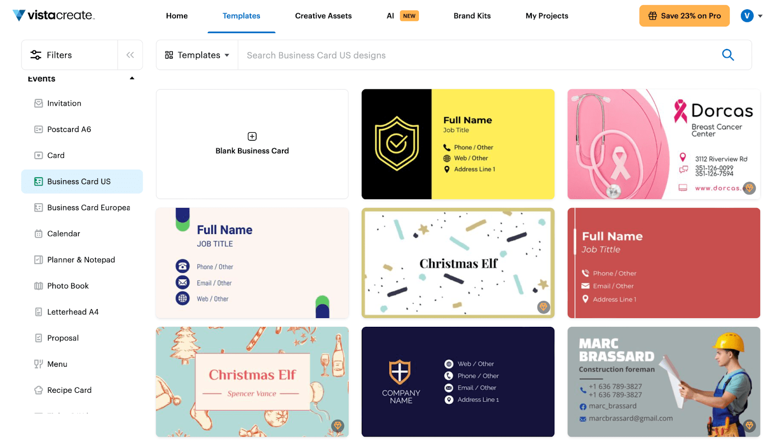 A screenshot of VistaCreate&rsquo;s business card US ready-made design templates gallery.