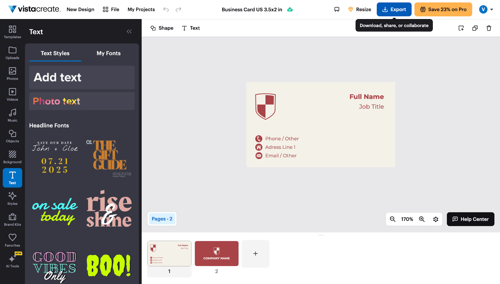 A screenshot of a business card PDF template created in VistaPrint with an option to Export.