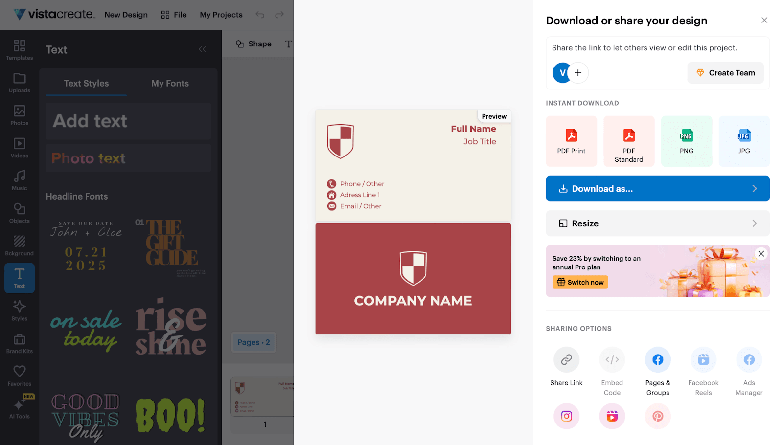 The PDF Print download option for business card templates created in VistaCreate.