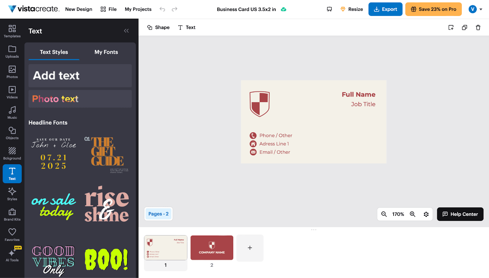 A screenshot of the VistaCreate working canvas with a customizable business card template.