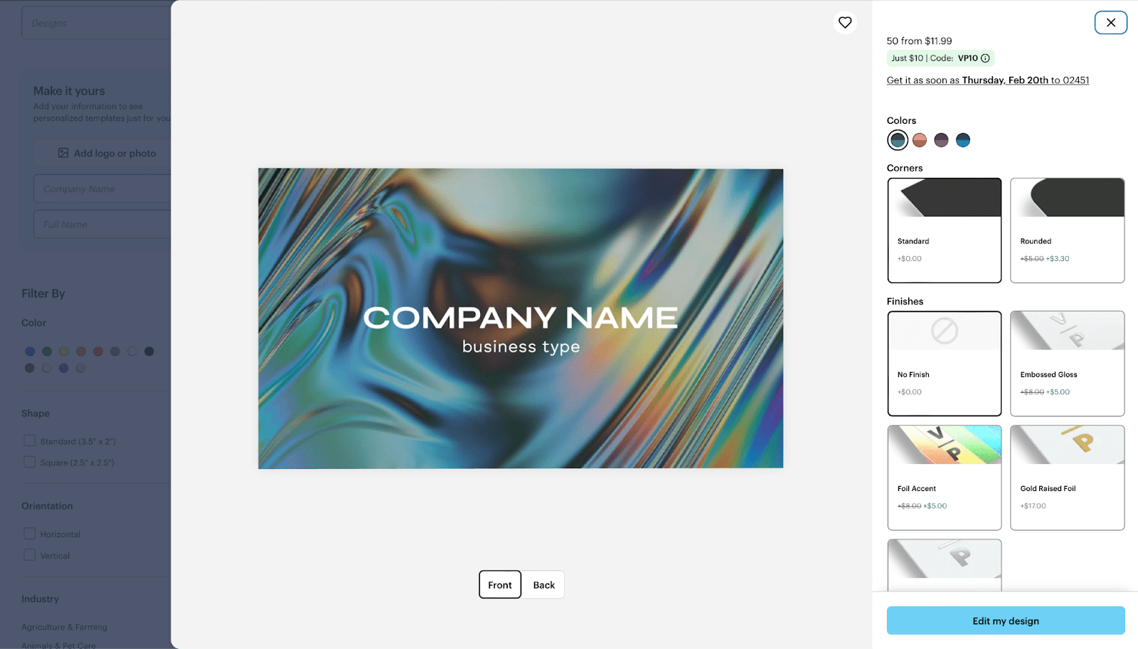 Business card template selected from the VistaPrint gallery.