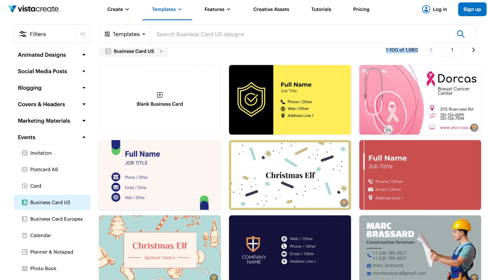A screenshot of VistaCreate’s gallery of customizable business card design templates