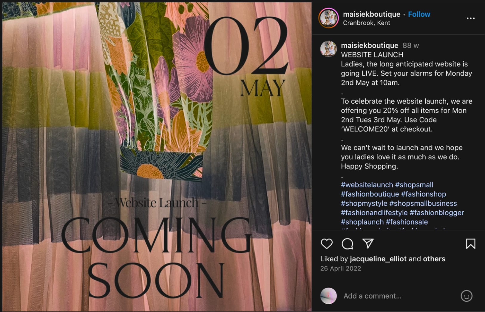Website launch announcement on Instagram